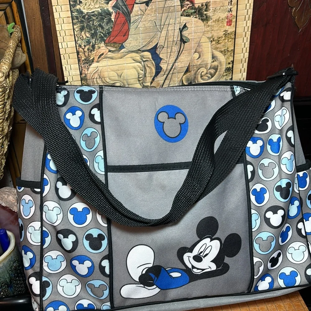 Disney Baby Diaper Bottle Shoulder Mickey Bag Grey Blue Canvas GUC 14”Lx11”Hx5”